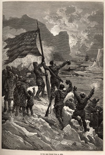 De bemanning van Tyson, na enkele dagen drijven op een ijsberg, zag eindelijk een walvisvaarder en zwaaide met de Amerikaanse vlag om gezien en gered te worden, gegraveerd naar een tekening van E. Riou, ter illustratie van het verhaal van de Polaris, ijsvl door Edouard Riou