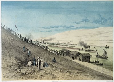 Uitzicht op het kanaal bij de Inauguratie van het Suezkanaal door G. Nicole. 1869 door Edouard Riou