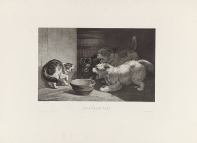 Blazende kat en drie blaffende honden bij een schotel door Edouard Taurel