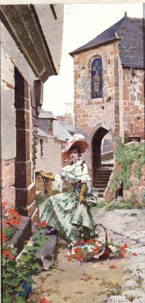 Parijse vrouw met een mand bloemen door Edouard Toudouze