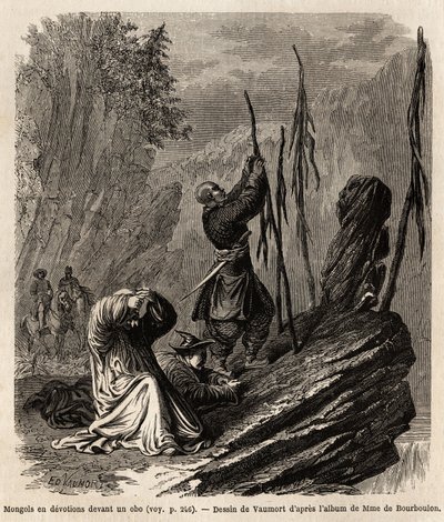 Mongolen in devotie voor een obo, nabij de Bakka en Mongolië bergen, tekening door Vaumort (? -1886) ter illustratie van de reis van Shanghai naar Moskou, van 1859 tot 1862, van M. de Bourboulon, Franse minister in China. Gravure in 