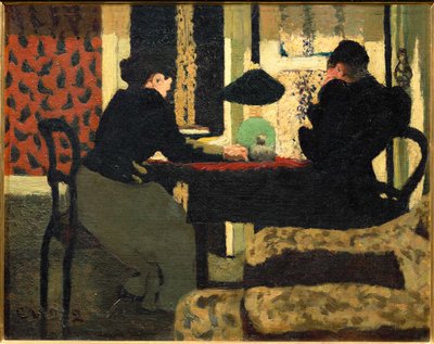 Twee vrouwen onder een lamp (schilderij op doek) door Edouard Vuillard