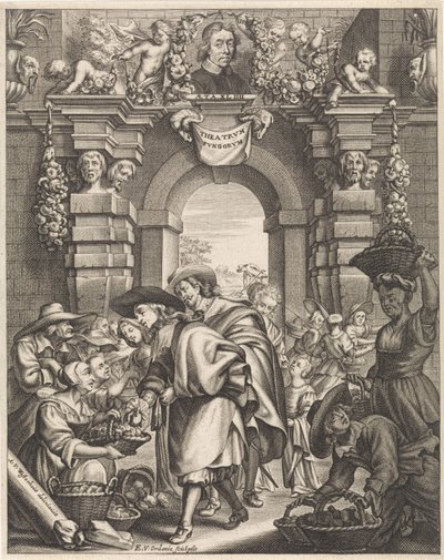 Twee heren kopen paddenstoelen op de markt door Edouard van Ordonie
