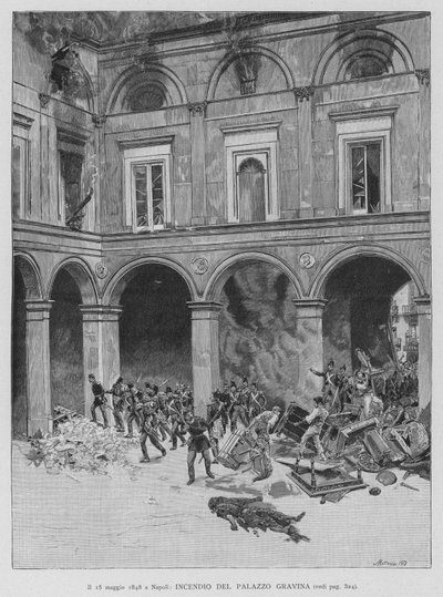 Il 15 maggio 1848 a Napoli, Incendio Del Palazzo Gravina door Edouardo Matania
