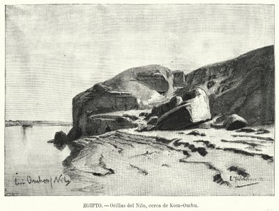 Oevers van de rivier de Nijl bij Kom Ombo, Egypte door Eduard (after) Hildebrandt
