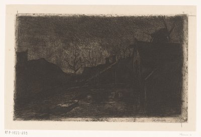 Landschap met huizen en molen bij avond door Eduard Karsen (signed by artist)