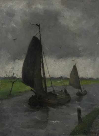 Waterweg met zeilschepen door Eduard Karsen