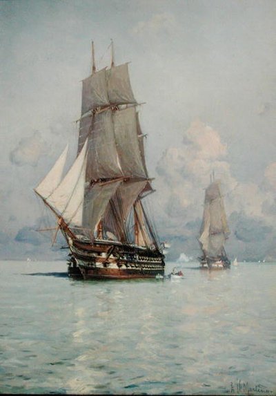 Een squadron zeilend naar anker door Eduardo de Martino
