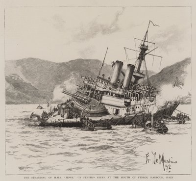 Het stranden van HMS Howe op de Pereiro-riffen, bij de monding van de haven van Ferrol, Spanje door Eduardo de Martino