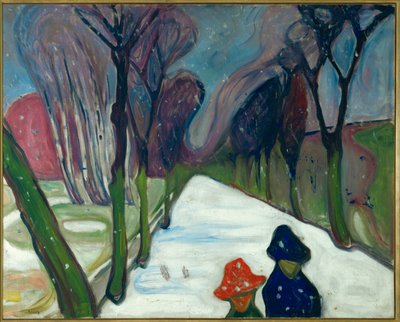 Avenue in de sneeuw (olieverf op doek) door Edvard Munch