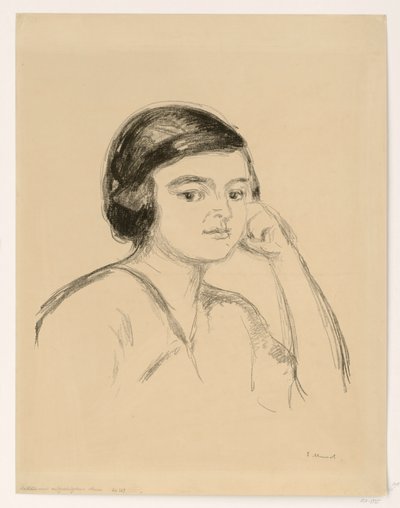 Jonge vrouw (jonge vrouw met de hand tegen de wang; meisje met gesteunde arm) door Edvard Munch