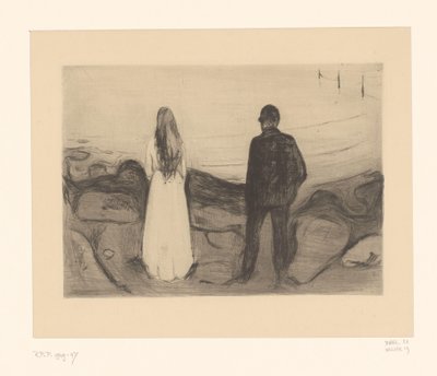 Man en vrouw staand aan de oever door Edvard Munch