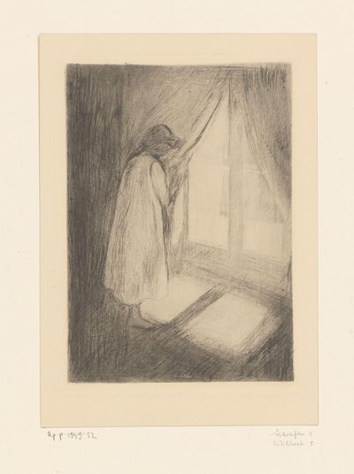 Meisje in een nachtjapon bij een venster door Edvard Munch