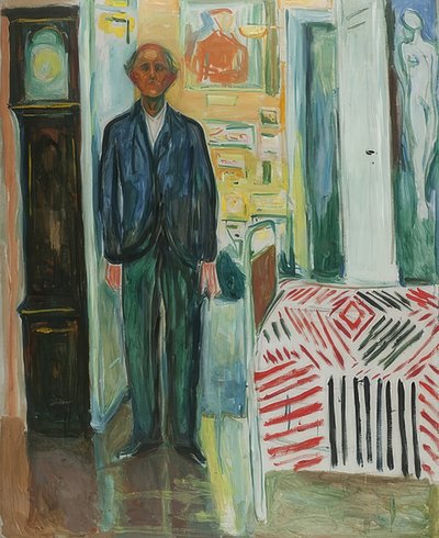 Zelfportret. Tussen klok en bed. 1940-42 door Edvard Munch