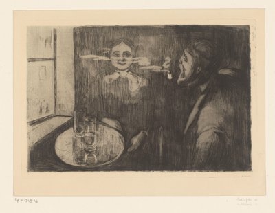 Vrouw en pijprokende man aan een tafel door Edvard Munch