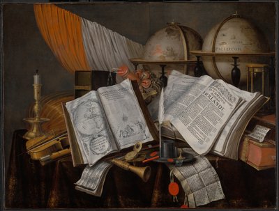 Een vanitas stilleven met een vlag, kandelaar, muziekinstrumenten, boeken, schrijfgerei, globes en zandloper door Edwaert Collier