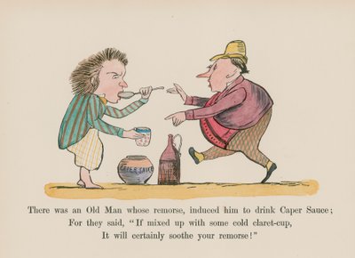 Er was een oude man wiens berouw hem ertoe bracht kapersaus te drinken (gekleurde gravure) door Edward (after) Lear