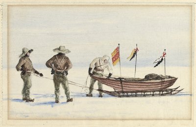 De sledepartij naar White Island, februari 1902: Shackleton, Wilson en Ferrar bereiden zich voor om te vertrekken, 1902 door Edward Adrian Wilson