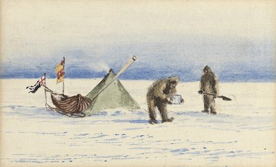De slee-expeditie naar White Island, februari 1902: Shackleton en Wilson maken kamp, 1902 door Edward Adrian Wilson