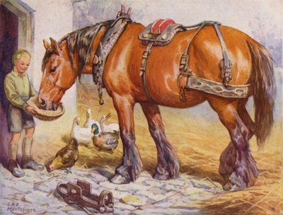 Jongen die een paard voedt op een boerenerf door Edward Brice Montefiore
