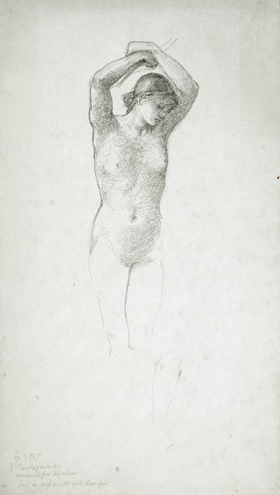Staand vrouwelijk naakt met opgeheven armen door Edward Burne-Jones