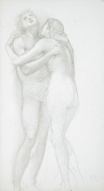 Twee elkaar omhelzende naakten door Edward Burne-Jones