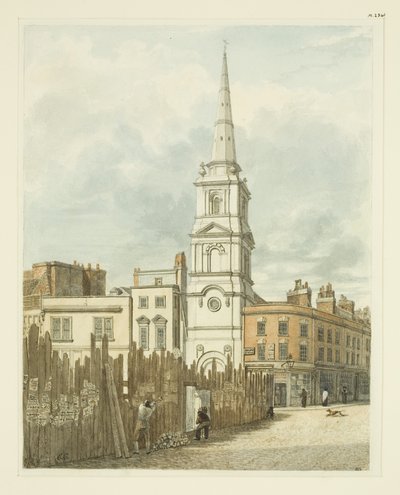 Christ Church vanaf de Beurs met de bouwplaats van het Nieuwe Raadhuis door Edward Cashin