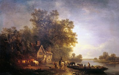 Rivierlandschap met rustieke figuren en paarden, ca. 1860 door Edward Charles Williams