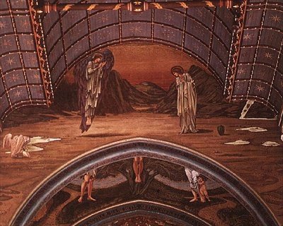 De Annunciatie en een deel van een allegorische kruisiging door Edward Coley Burne Jones