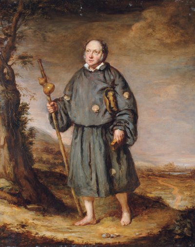 Portret van een heer als pelgrim, op een pad, met een staf met een kalebas en een bijbel, 1836 door Edward Daniel Leahy