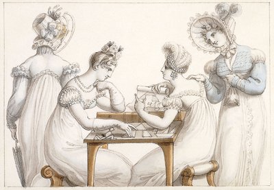 Dames die silhouetten uitsnijden: en dames die converseren in een interieur door Edward Francis Burney