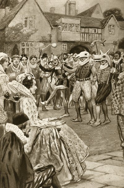 Koningin Elizabeth I vermaakt door narren door Edward Frederick Skinner