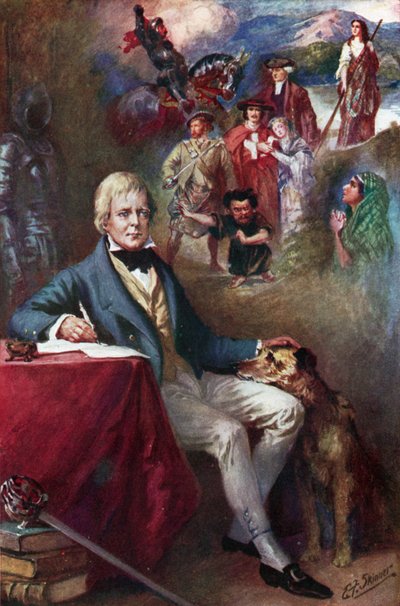 Sir Walter Scott en enkele van zijn beroemdste creaties (kleur litho) door Edward Frederick Skinner