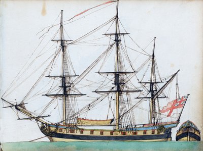 Brits schip van 20 kanonnen, met tuigage en een scheepsboot, en een apart zicht op de achtersteven, c.1780 door Edward Gwyn