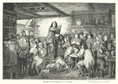 George Fox preekt in een taverne door Edward Henry (after) Wehnert