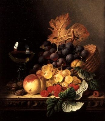 Een mand met druiven, frambozen, een perzik en een wijnglas op een tafel door Edward Ladell