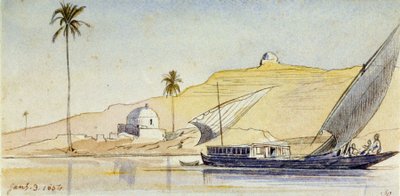 Een grote Egyptische fellucca op de Nijl (Egypte), voor de steile oevers, met een palmboom en twee witte maraboes, die het woestijnaspect van het landschap accentueren door Edward Lear