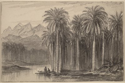 Figuren die vanuit een palmbos in kano’s vertrekken (Wadi Feiran) door Edward Lear