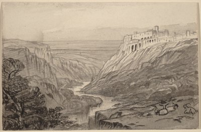 Geiten die uitrusten boven een rivierkloof (Narni, Italië) door Edward Lear