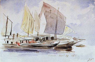 Studies van Venetiaanse boten, volle zeil, stuurboordaanzicht door Edward Lear