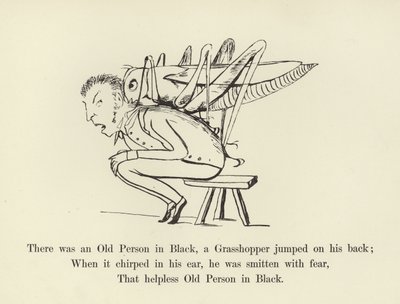 Er was een oude persoon in het zwart, een sprinkhaan sprong op zijn rug door Edward Lear