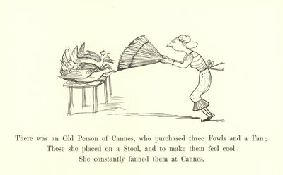 Er was een oude persoon van Cannes, die drie kippen en een waaier kocht door Edward Lear