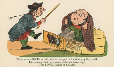 Er was een Oude Persoon van Cheadle die in de Stokken werd gezet door de Beadle, uit 