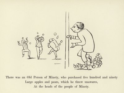 Er was een oude persoon van Minety, die vijfhonderdnegentig grote appels en peren kocht door Edward Lear