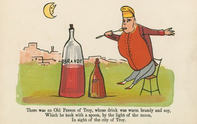 Er was een oude persoon uit Troje, wiens drank warme brandy en sojasaus was, uit 
