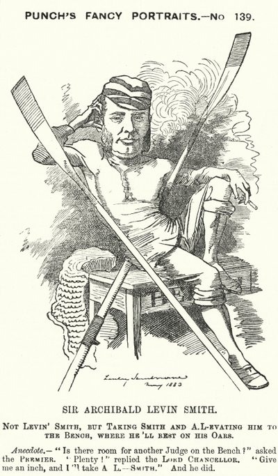 Punch cartoon: Archibald Levin Smith, Engelse rechter en roeier die deelnam aan de University Boat Race en de Henley Royal Regatta door Edward Linley (after) Sambourne