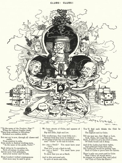 Punch cartoon: Clubs! Clubs! - de overvloed aan herenclubs in Londen (gravure) door Edward Linley (after) Sambourne