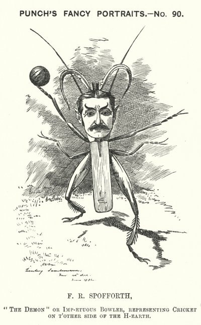 Punch cartoon: Fred Spofforth, Australische cricketspeler (gravure) door Edward Linley (after) Sambourne