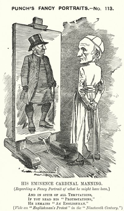 Punch cartoon: Henry Edward Manning, Engelse kardinaal en katholieke aartsbisschop van Westminster (gravure) door Edward Linley (after) Sambourne