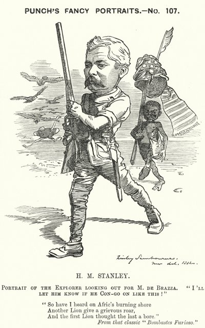 Punch cartoon: Henry Morton Stanley, Welshe journalist en ontdekkingsreiziger door Edward Linley (after) Sambourne